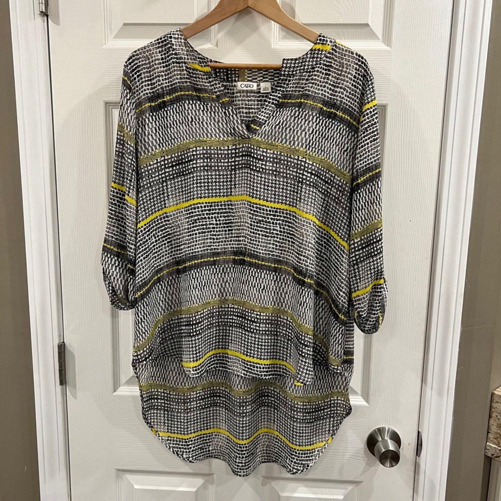 Cato Womens Large Black White Yellow Abstract Stripe Roll Tab High Low Tunic Top
